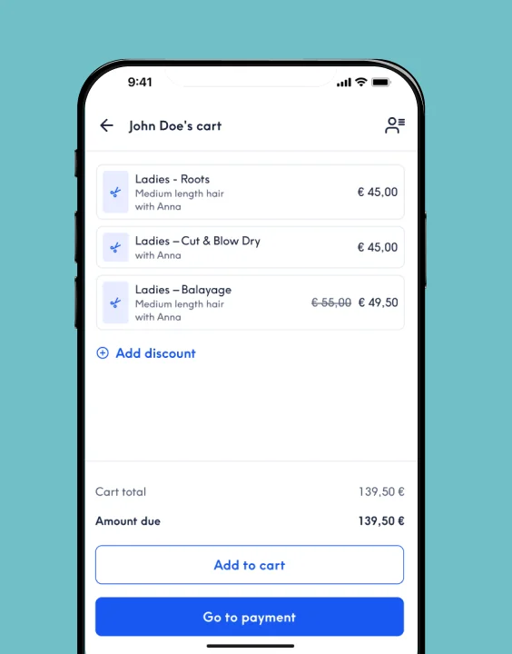 The new Treatwell Connect checkout showing a client's cart and amount due